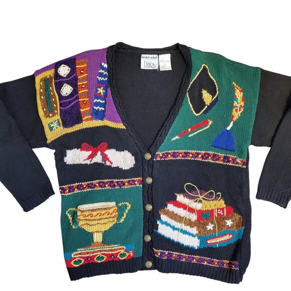 Vintage 80s Hand Knit Cardigan Sweater Academia Scholarly Library Student - Picture 1 of 13